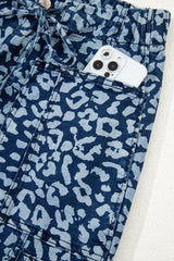 Blue Leopard Printed Drawstring Elastic Waistband Pocketed Wide Leg Jeans Jeans JT's Designer Fashion