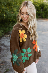 Coffee Big Flower Pattern V Neck Drop Shoulder Sweater Sweaters JT's Designer Fashion