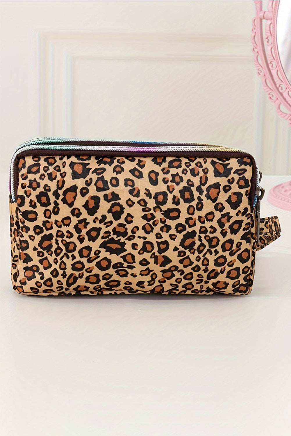 Brown Leopard Print PU Leather Wristlet Zipper Makeup Bag Makeup Bags JT's Designer Fashion