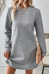 Gray Solid Color Textured Long Sleeve Shift Dress Mini Dresses JT's Designer Fashion
