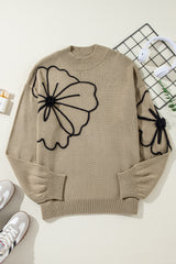 Dark Khaki Plus Size Big Flower Pattern High Neck Drop Shoulder Sweater Plus Size Sweaters & Cardigans JT's Designer Fashion