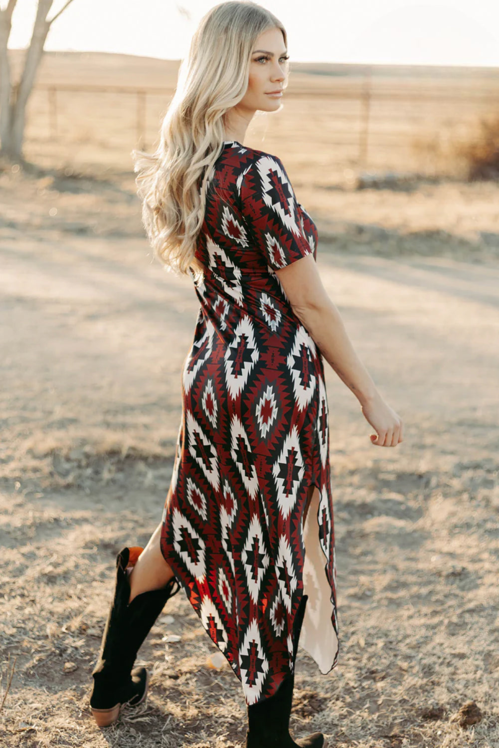 Red Western Aztec Printed Long T-shirt Dress T Shirt Dresses JT's Designer Fashion