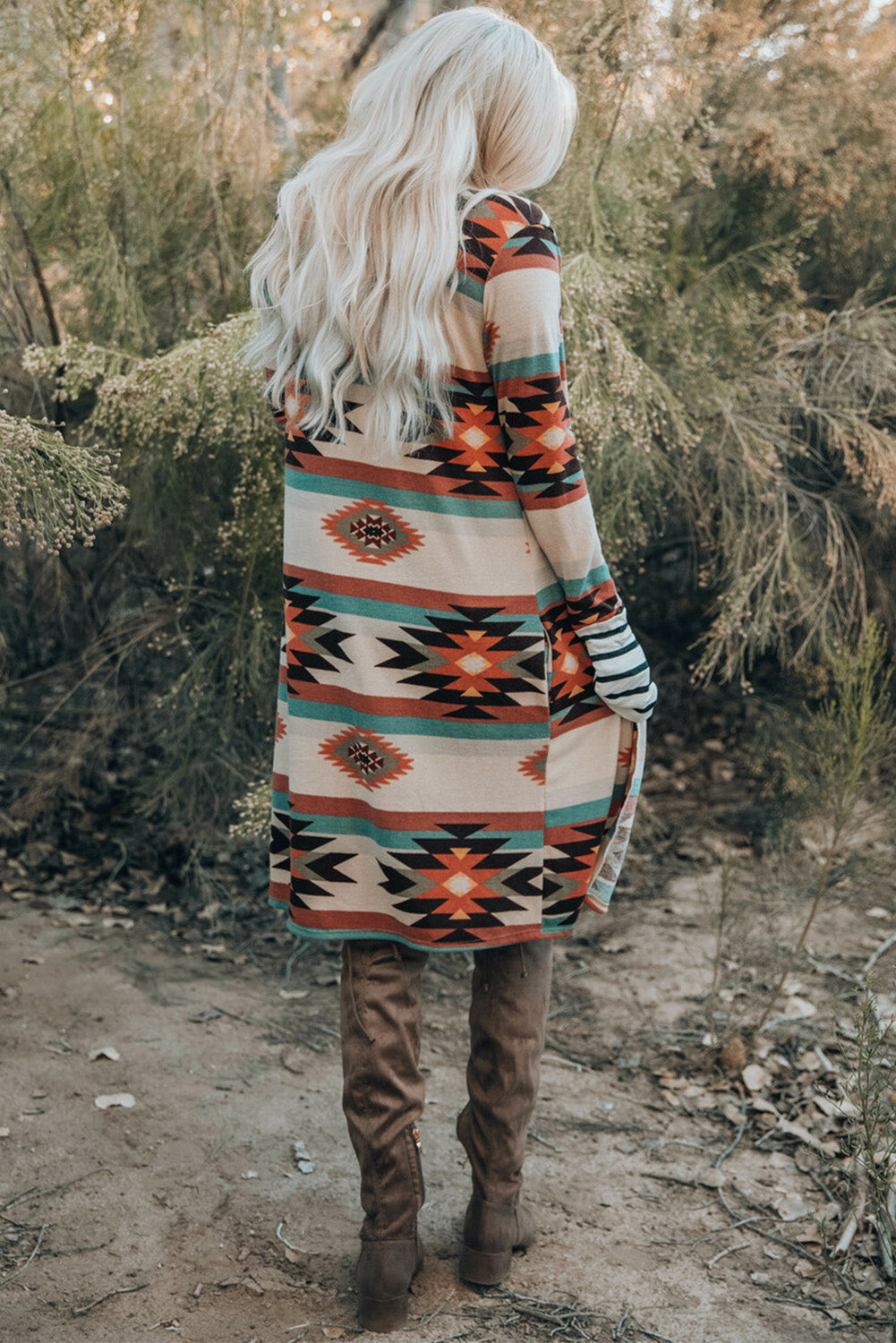 Multicolor Geometric Color Block Open Front Long Cardigan Sweaters & Cardigans JT's Designer Fashion