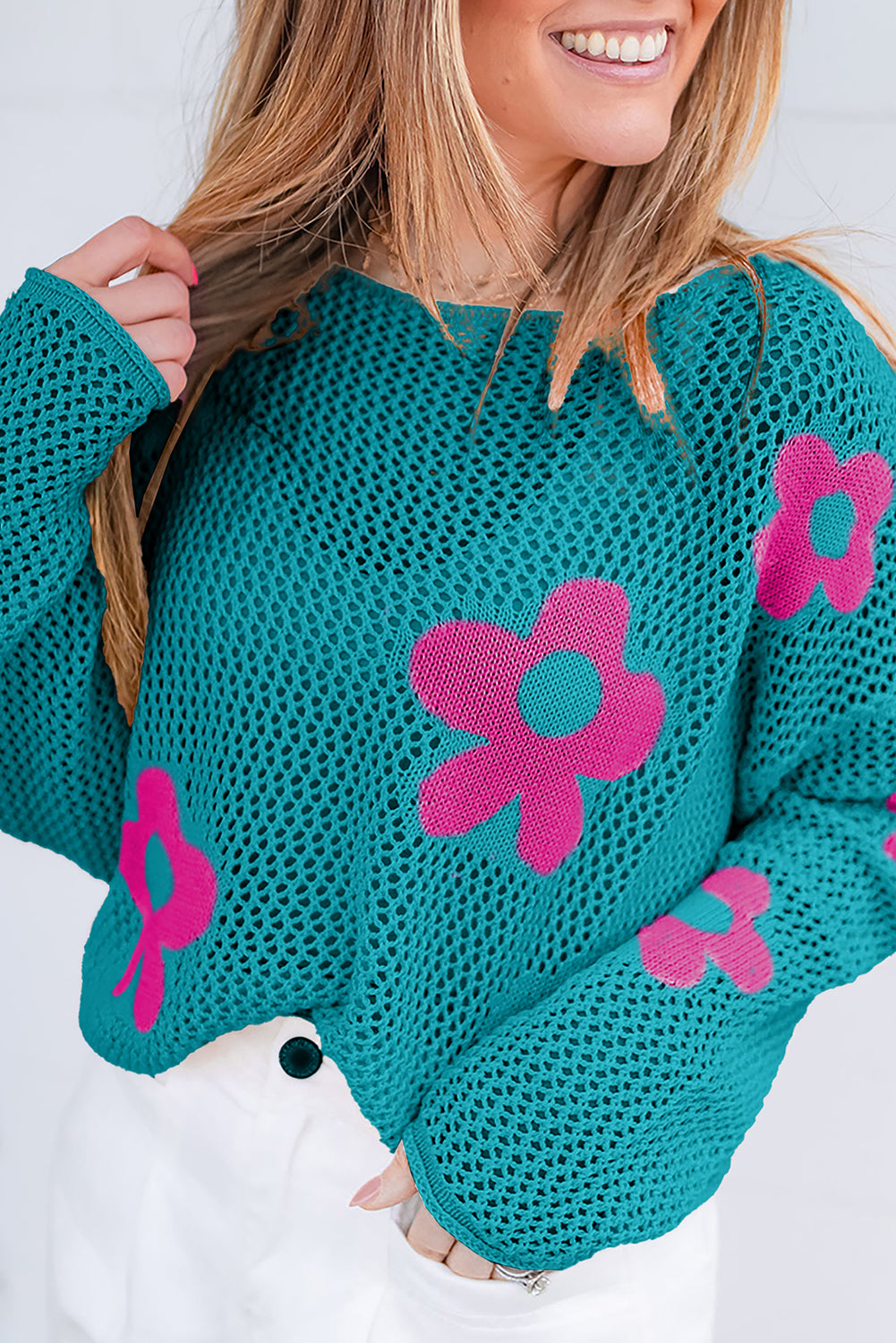 Sea Green Big Flower Hollowed Knit Drop Shoulder Sweater Sweaters JT's Designer Fashion
