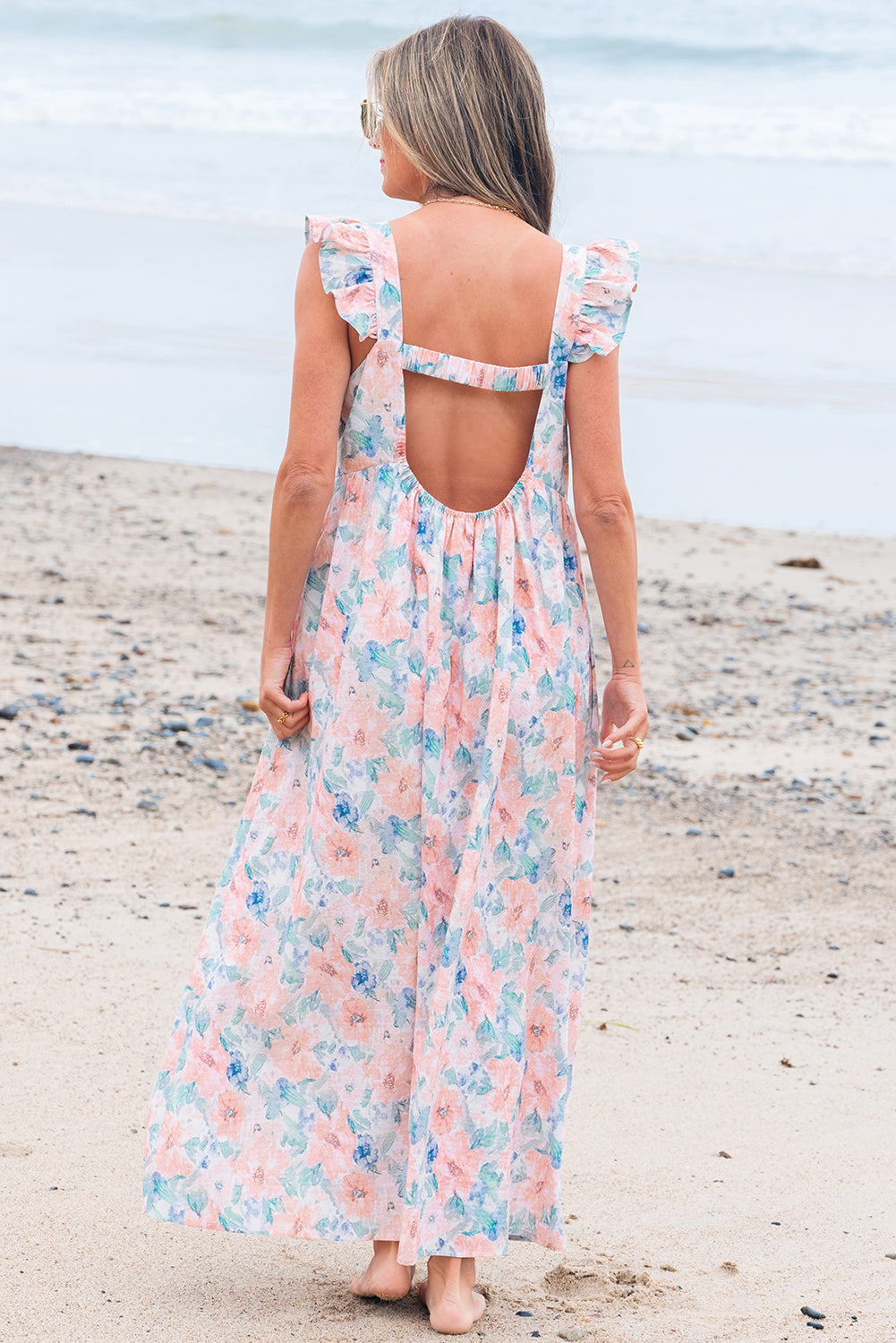 Pink Floral Print Square Neck Backless Long Dress with Slit Maxi Dresses JT's Designer Fashion
