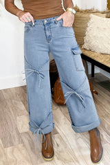 Beau Blue Bowknot Decor Boyfriend Cargo Jeans Jeans JT's Designer Fashion