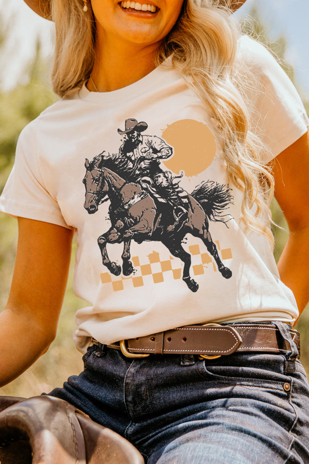 White Sunset Cowboy Print Western Fashion T Shirt Graphic Tees JT's Designer Fashion