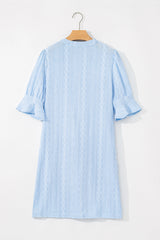 Beau Blue Jacquard Texture Flared Short Sleeve Notched Neck Mini Dress Mini Dresses JT's Designer Fashion