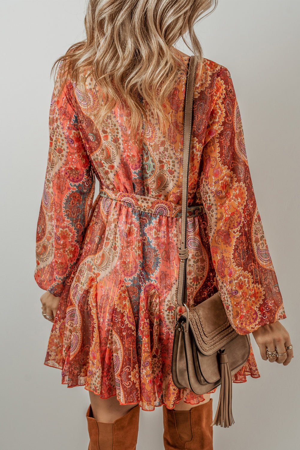 Orange Boho Paisley Print Long Sleeve Pleated Belted Mini Dress Mini Dresses JT's Designer Fashion