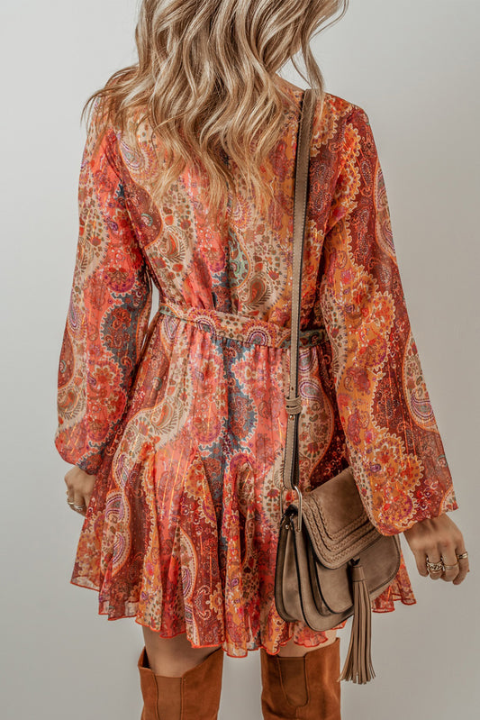 Orange Boho Paisley Print Long Sleeve Pleated Belted Mini Dress Mini Dresses JT's Designer Fashion