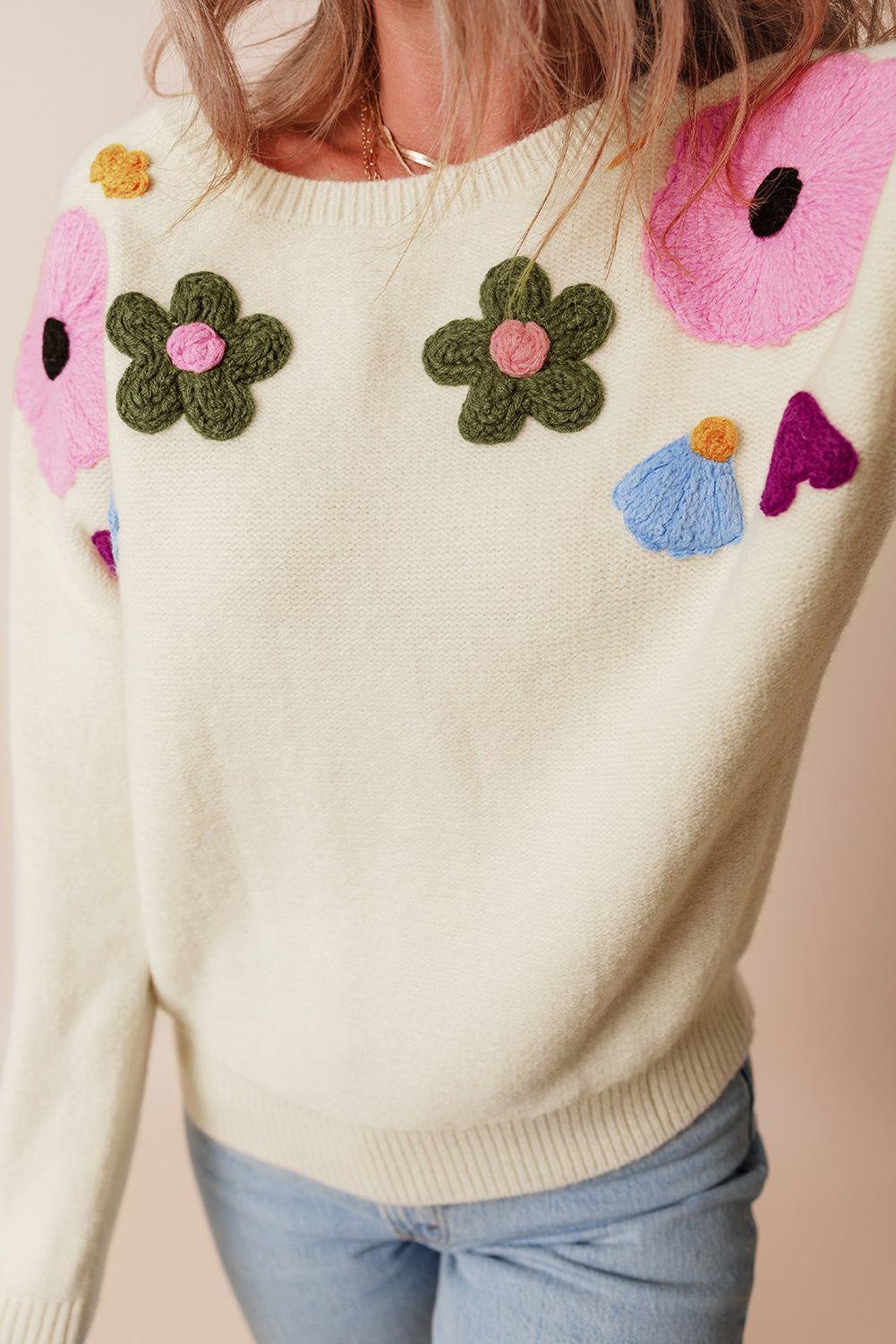 Beige Knitted Flower Pattern Ribbed Edge Sweater Sweaters JT's Designer Fashion