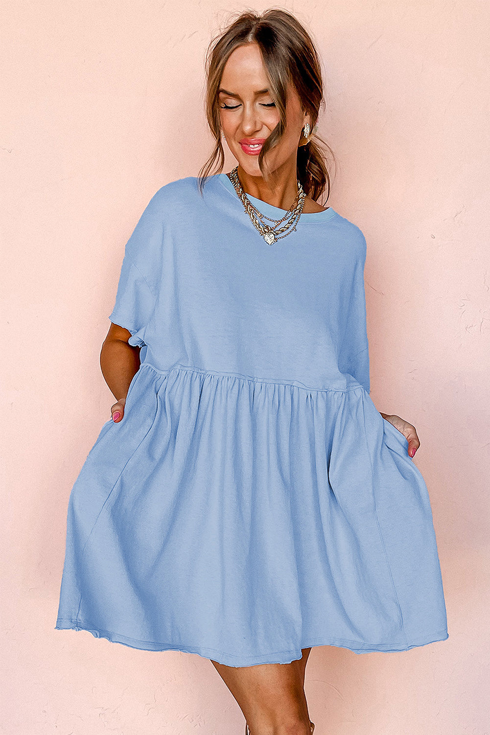 Sky Blue Solid Color Pocketed Raw Edge Babydoll Dress Mini Dresses JT's Designer Fashion
