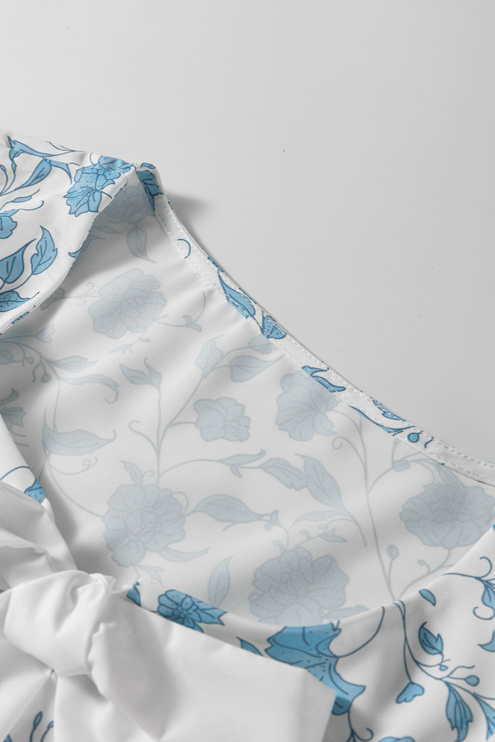 Sky Blue Floral Contrast Bow Puff Sleeve Mini Dress Mini Dresses JT's Designer Fashion