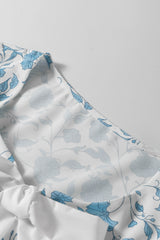 Sky Blue Floral Contrast Bow Puff Sleeve Mini Dress Mini Dresses JT's Designer Fashion