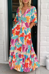 Rose Red Floral Knot Puff Sleeve V Neck Buttoned Front Split Lace Maxi Dress Floral Dresses JT's Designer Fashion