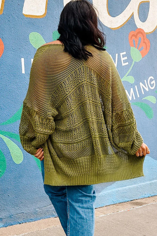 Spinach Green Oversize Crochet Knit Open Cardigan Cardigans JT's Designer Fashion