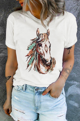 White Western Aztec Horse Graphic Crewneck Tee Graphic Tees JT's Designer Fashion