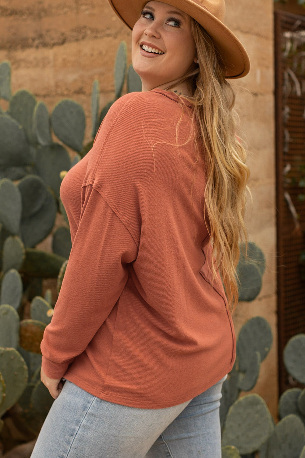 Gold Flame Exposed Seam V Neck Long Sleeve Plus Size Top Plus Size JT's Designer Fashion