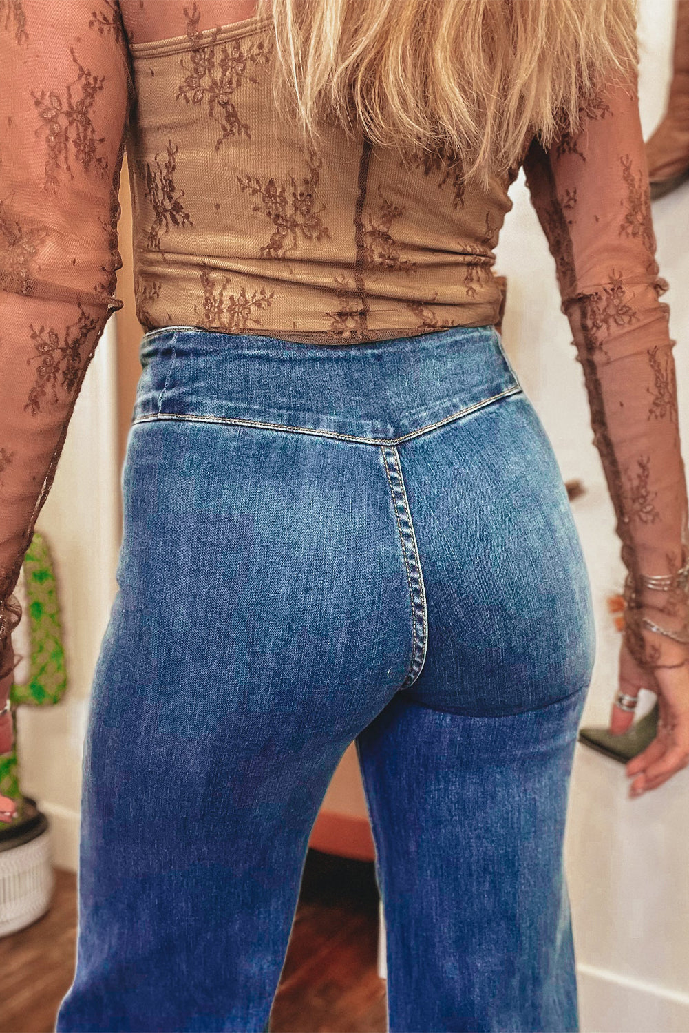 Sail Blue High Waist Button Fly Seamed Raw Hem Flare Jeans Jeans JT's Designer Fashion