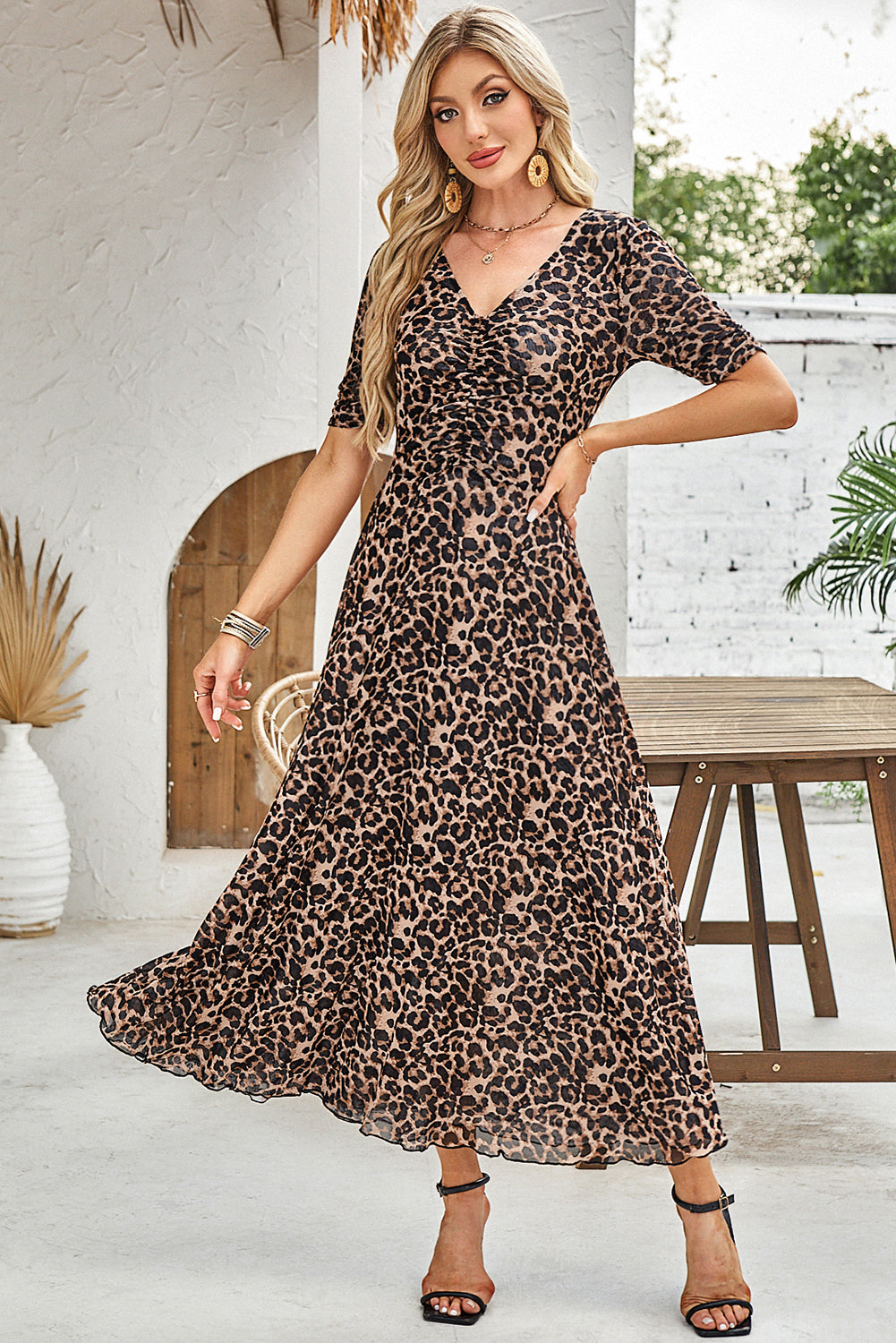 Brown Mesh Leopard Floral Reversible V Neck Short Sleeve Dress Dresses JT's Designer Fashion