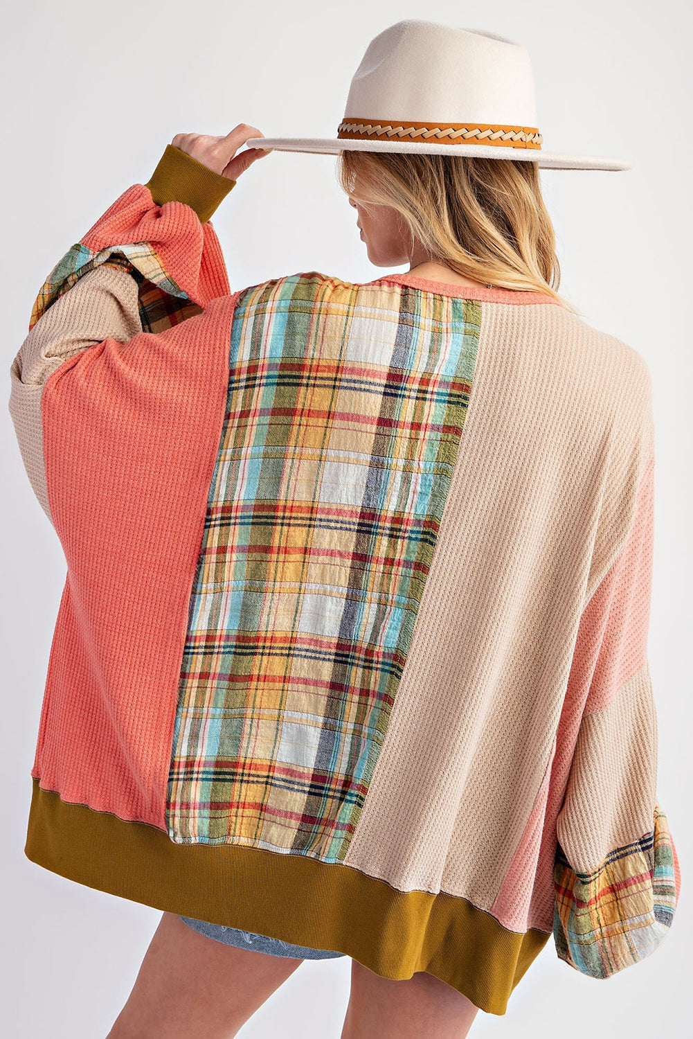 Multicolour Waffle Knit Plaid Patchwork Side Slits Loose Sweatshirt Sweatshirts & Hoodies JT's Designer Fashion