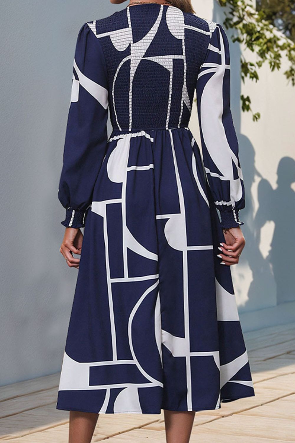 Smocked Color Block Long Sleeve Midi Dress Midi Dresses JT's Designer Fashion