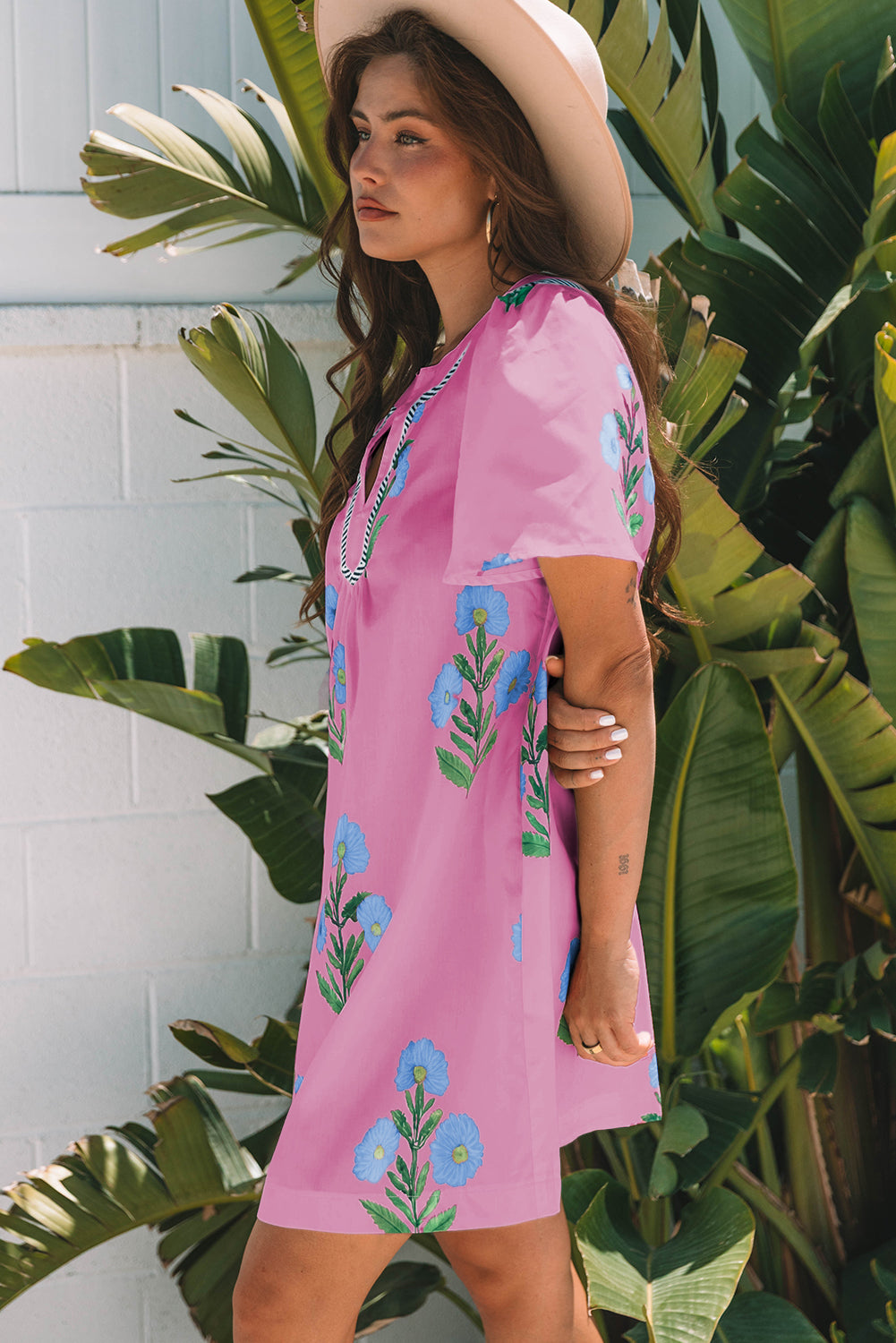 Rose Floral Short Sleeve Split Neck Loose Mini Dress Floral Dresses JT's Designer Fashion