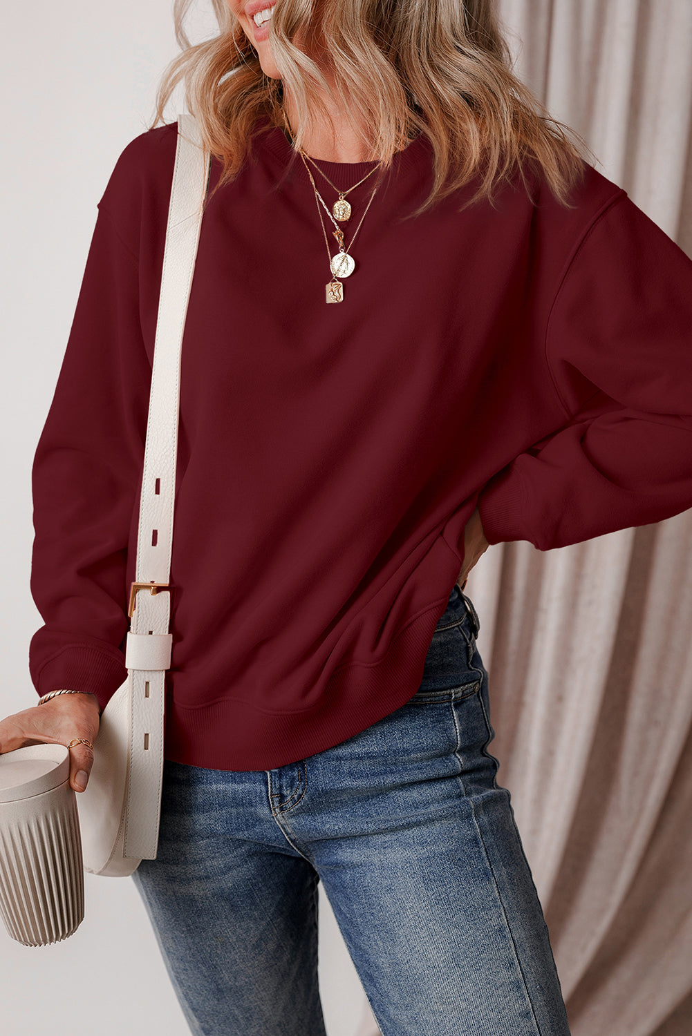 Burgundy Solid Fleece Lined Drop Shoulder Terry Sweatshirt Sweatshirts & Hoodies JT's Designer Fashion
