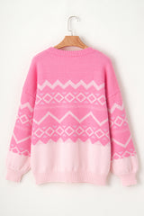 Pink Western Aztec Geometric Drop Shoulder Sweater Sweaters JT's Designer Fashion