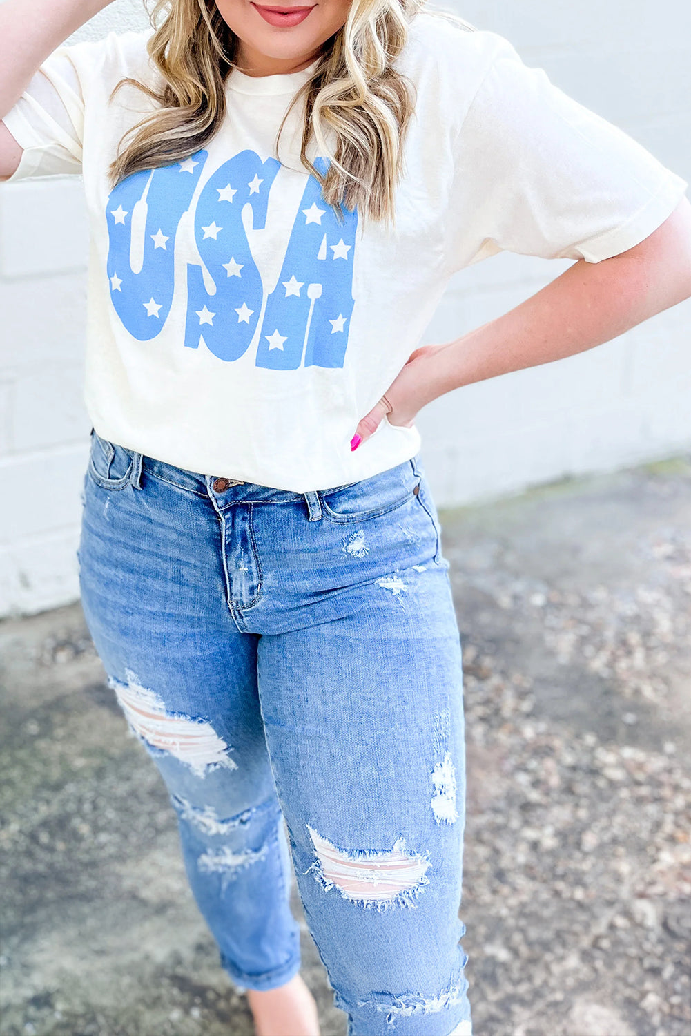 Sky Blue USA Graphic Crewneck Plus Size Patriotic Tee Sky Blue 62%Polyester+32%Cotton+6%Elastane Plus Size Tops & Tees JT's Designer Fashion