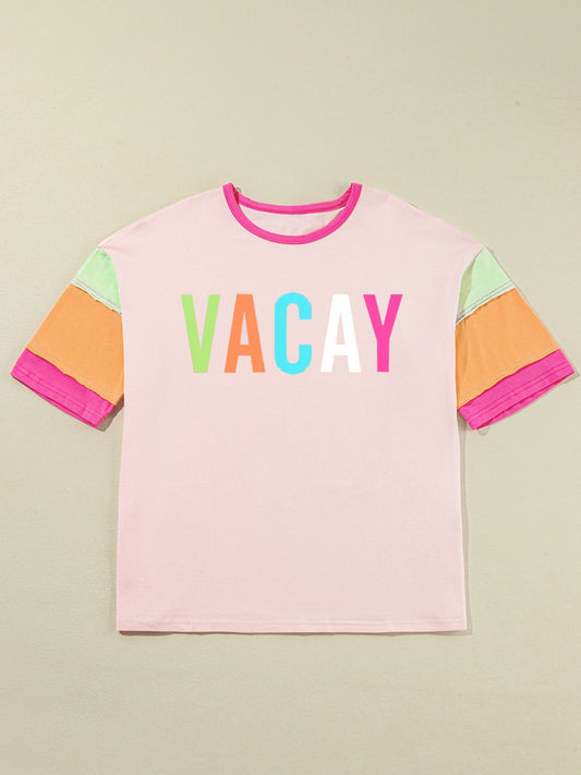 Letter Graphic Color Block Round Neck Half Sleeve T-Shirt Graphic Tees JT's Designer Fashion