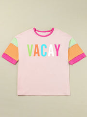 Letter Graphic Color Block Round Neck Half Sleeve T-Shirt Graphic Tees JT's Designer Fashion