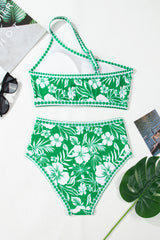 Green Floral Print One Shoulder High Waist Bikini Set Bikinis JT's Designer Fashion
