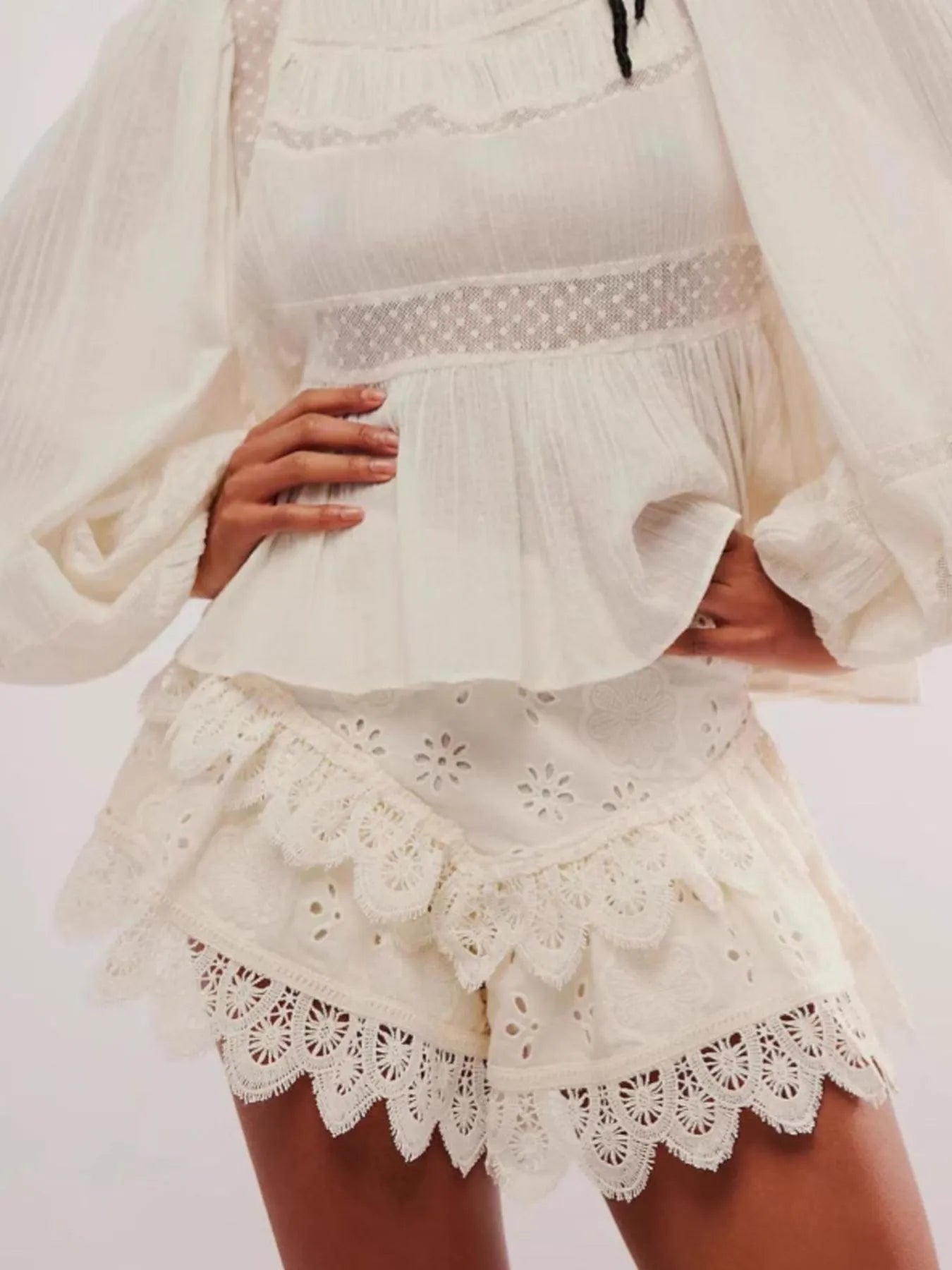 Lace Eyelet Ruffle Hem Shorts Casual Shorts JT's Designer Fashion