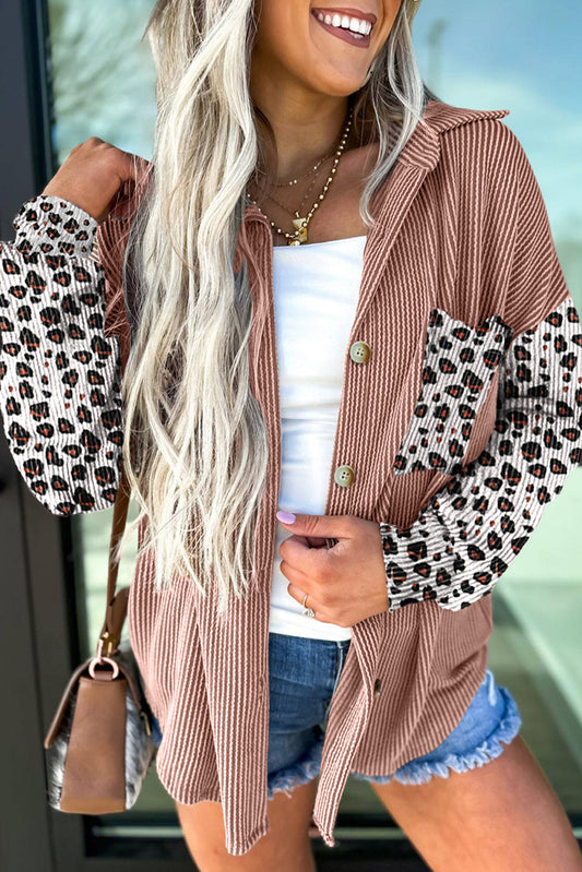 Dark Khaki Leopard Patched Twisted Ribbed Western Casual Shacket Dark Khaki 70%Polyester+27%Viscose+3%Elastane Jackets JT's Designer Fashion