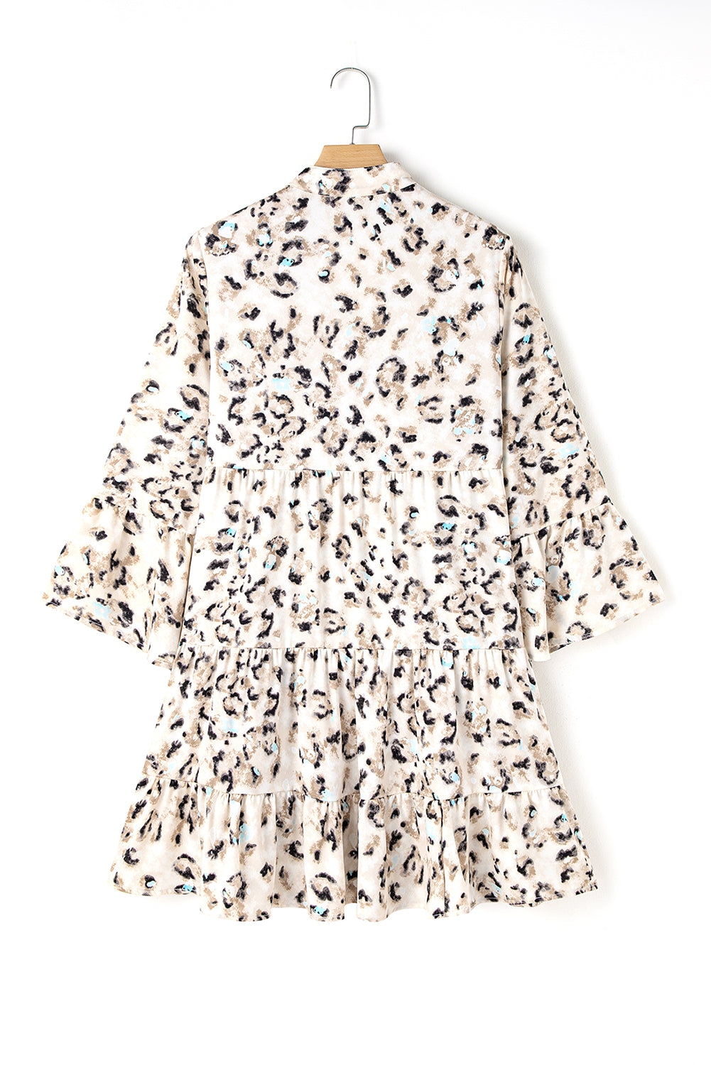 Khaki Leopard Print Buttoned Front 3/4 Sleeve Tiered Ruffled Hem Dress Mini Dresses JT's Designer Fashion