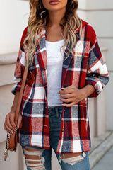 Fiery Red Hooded Plaid Button Front Shacket Plaid Shackets JT's Designer Fashion