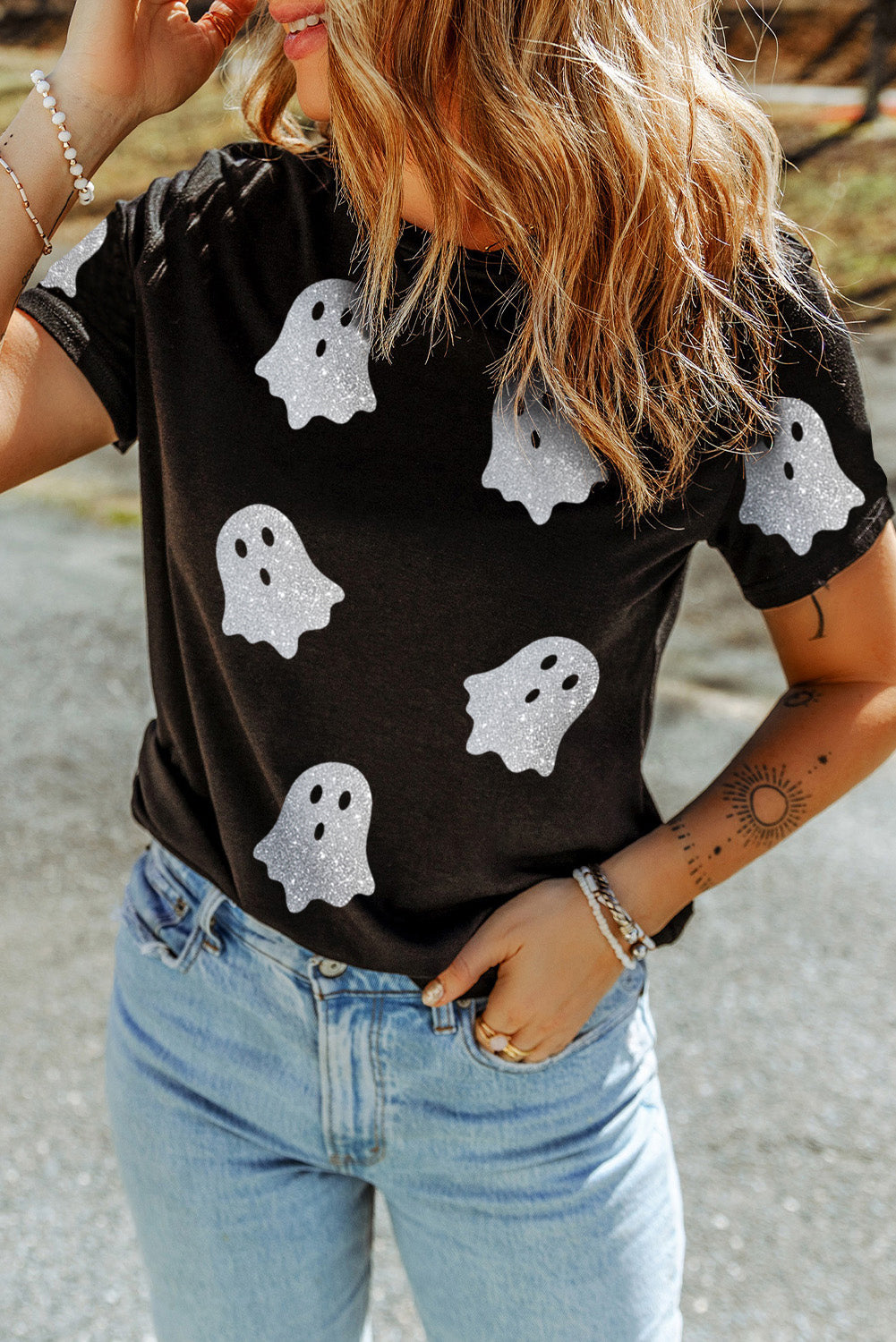 Black Glitter Ghost Pattern Crew Neck Halloween T Shirt Graphic Tees JT's Designer Fashion