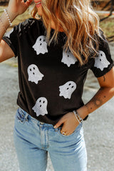 Black Glitter Ghost Pattern Crew Neck Halloween T Shirt Graphic Tees JT's Designer Fashion