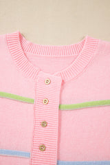Pink Rainbow Stripes Drop Shoulder Baggy Henley Sweater Sweaters JT's Designer Fashion