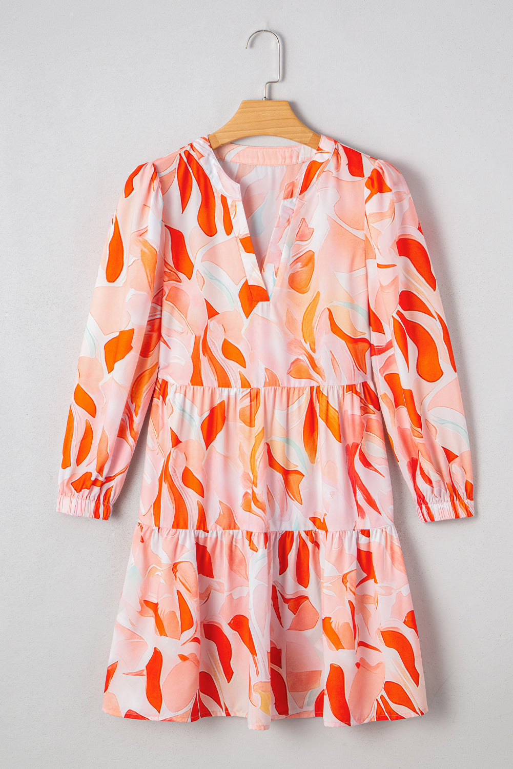 Orange Abstract Print Split Neck Long Sleeve Dress JT's Designer Fashion
