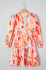 Orange Abstract Print Split Neck Long Sleeve Dress JT's Designer Fashion