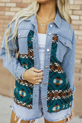Blue Aztec Printed Denim Jacket Denim Jackets JT's Designer Fashion