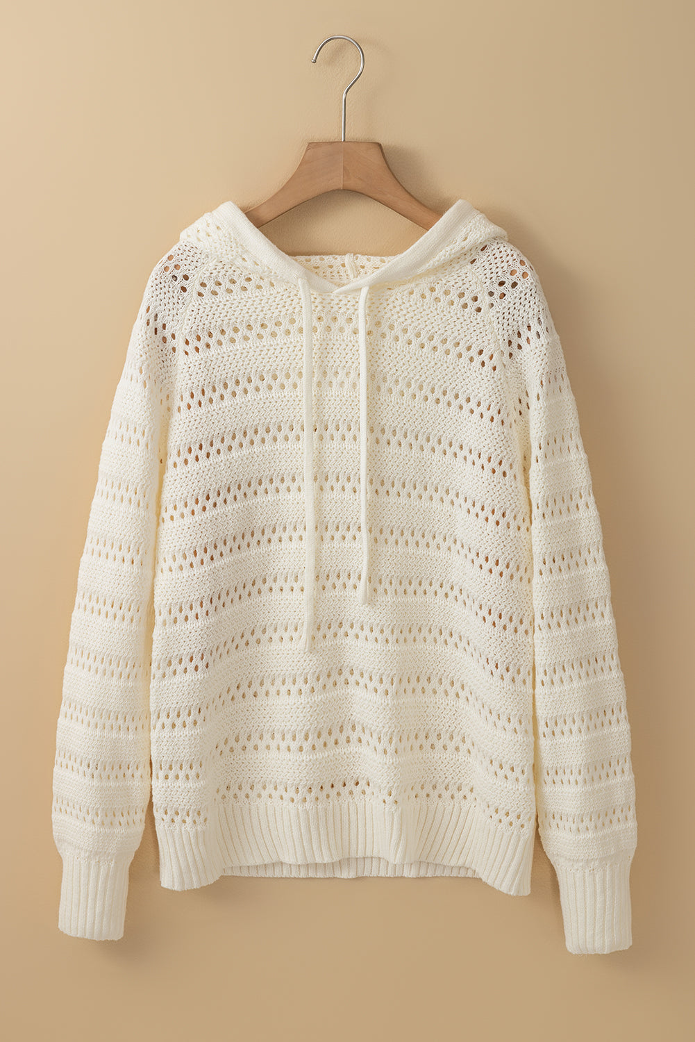 White Pointelle Knit Raglan Sleeve Hooded Sweater Sweaters JT's Designer Fashion