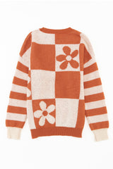 Brown Checkered Floral Print Striped Sleeve Sweater Sweaters JT's Designer Fashion