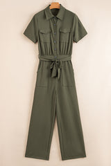 Moss Green Half Button Belted Utility Short Sleeve Jumpsuit Jumpsuits & Rompers JT's Designer Fashion