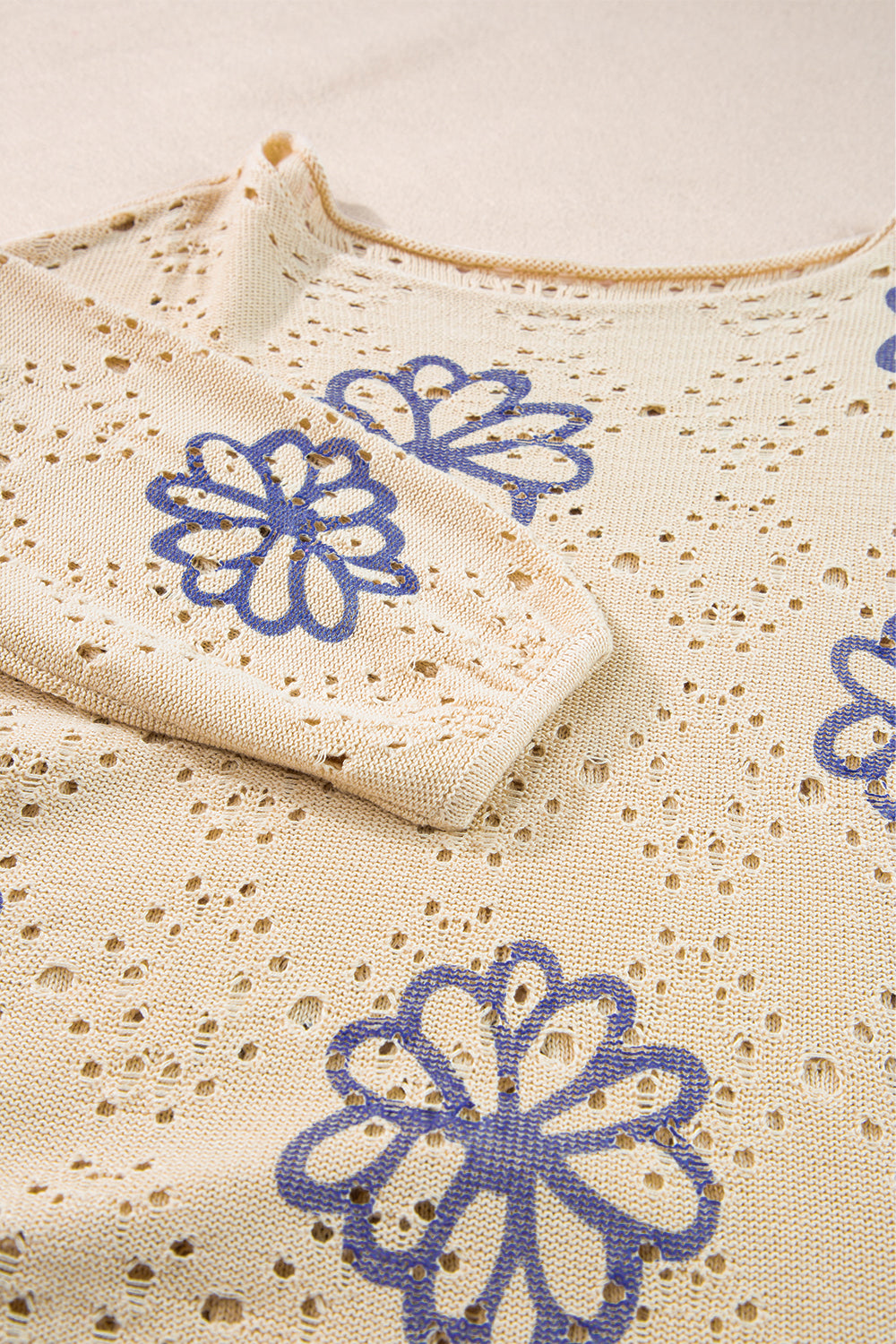 Beige Contrast Flower Print Eyelet Drop Shoulder Sweater Sweaters JT's Designer Fashion