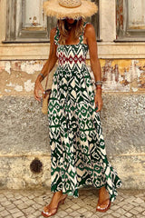 Green Western Aztec Shirred A-line Sleeveless Long Dress Maxi Dresses JT's Designer Fashion