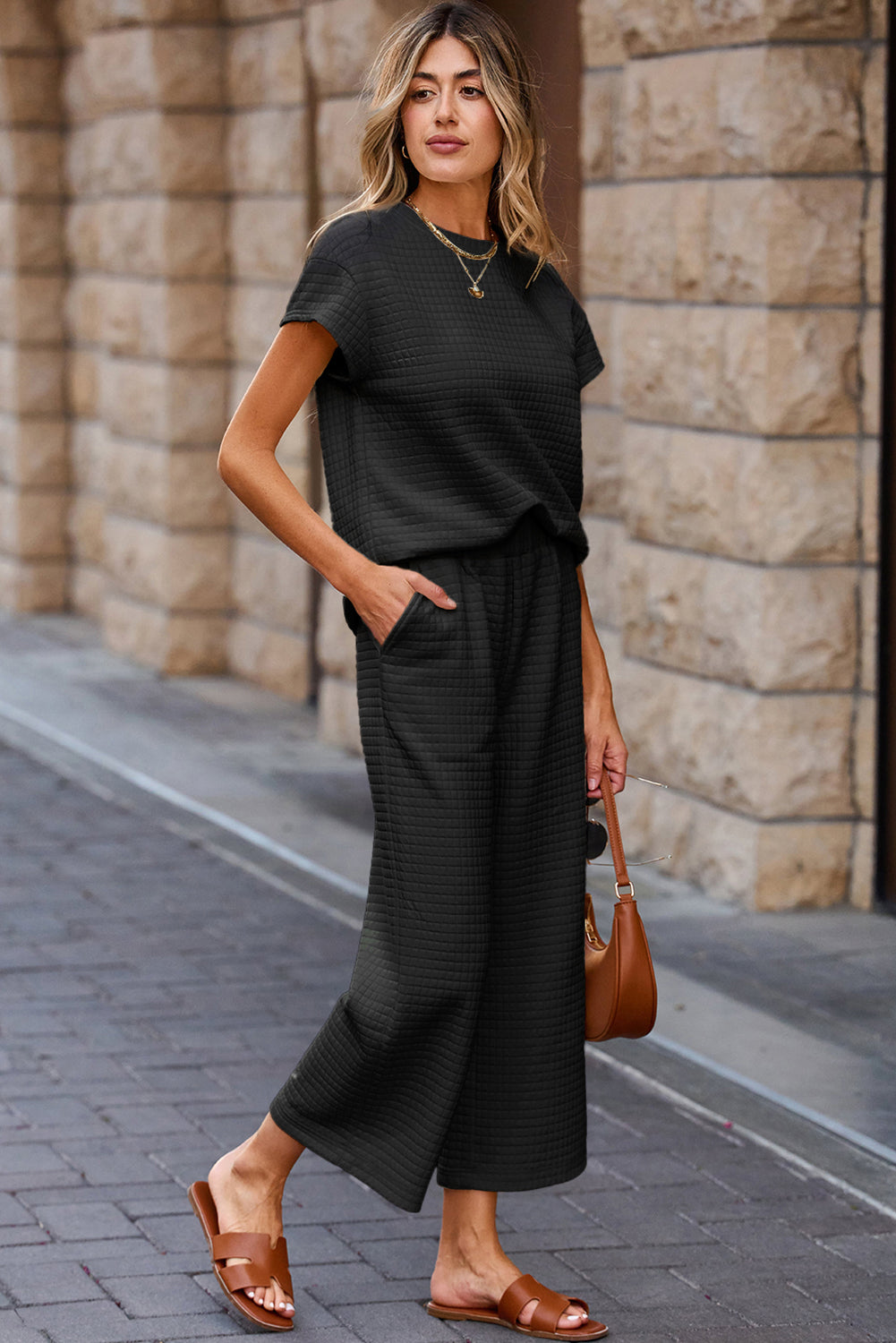 Black Solid Color Textured Short Sleeve Top and Casual Pants Set Pant Sets JT's Designer Fashion