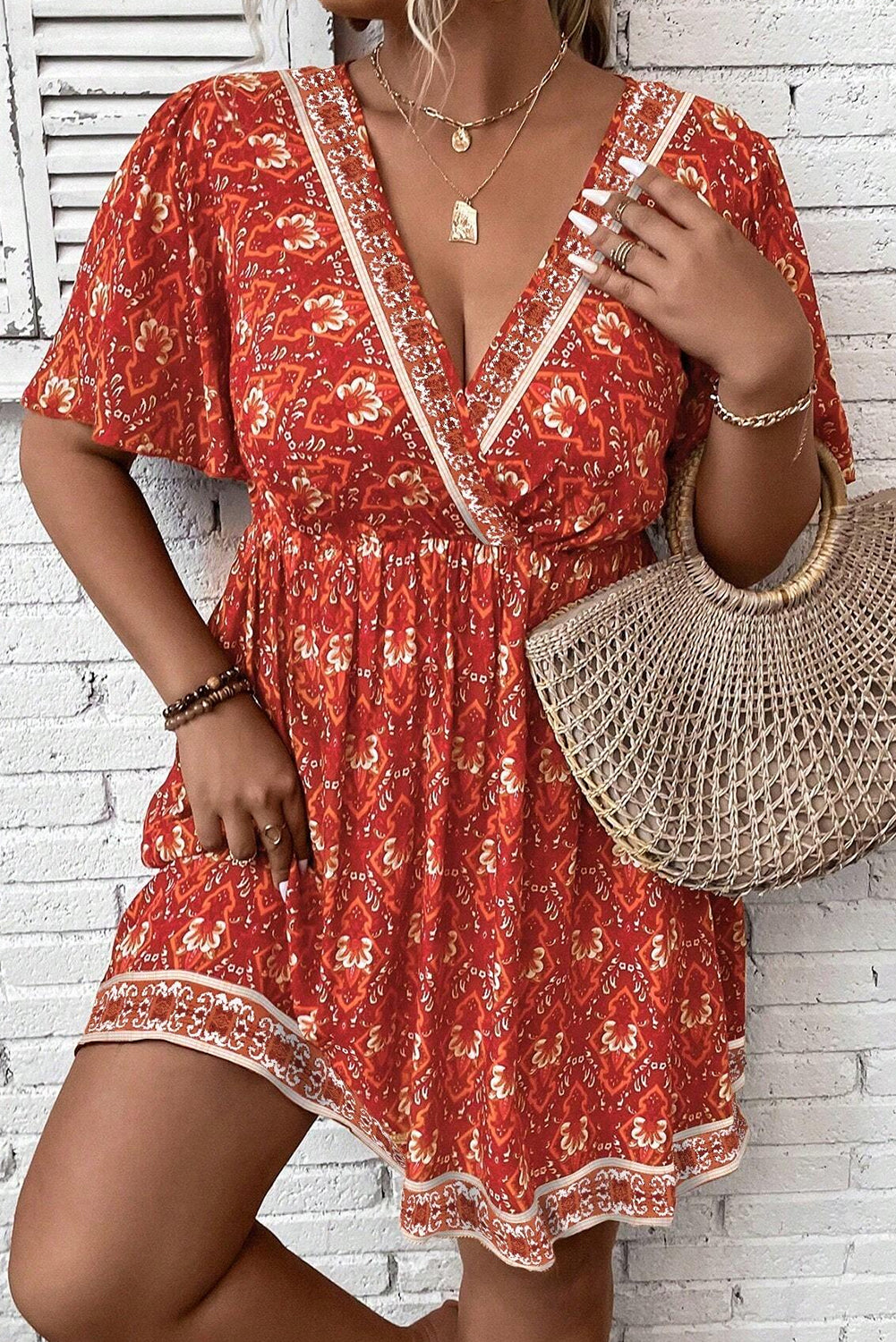 Orange Plus Size Printed Surplice Neck Empire Waist Flowy Mini Dress Plus Size Mini Dresses JT's Designer Fashion